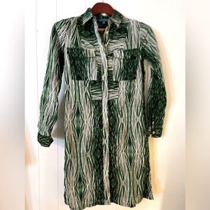 Green print button down dress with collar and long sleeves